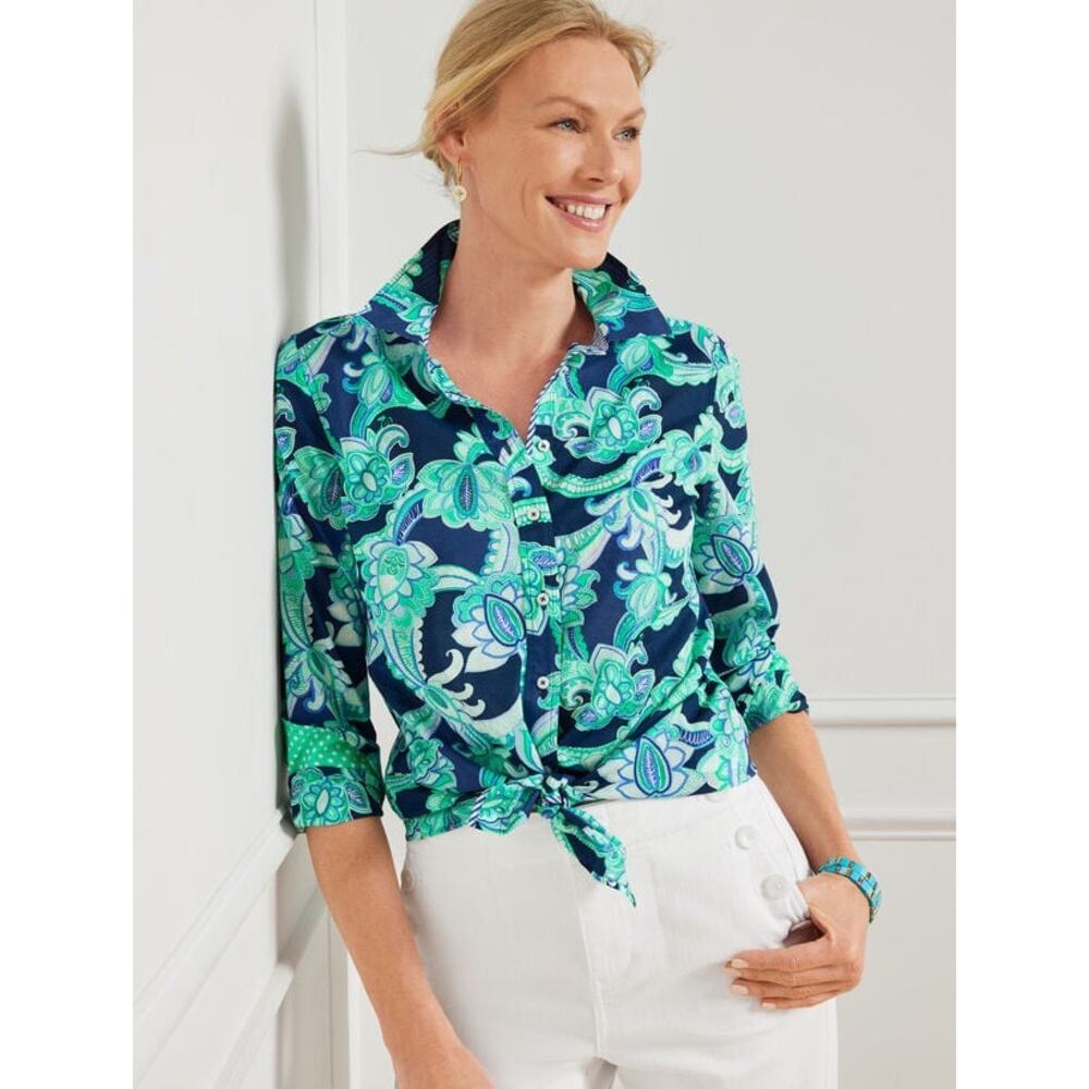 Talbots Paisley Button Up Shirt Blue Green Tie Front Cotton Blouse Size Large
